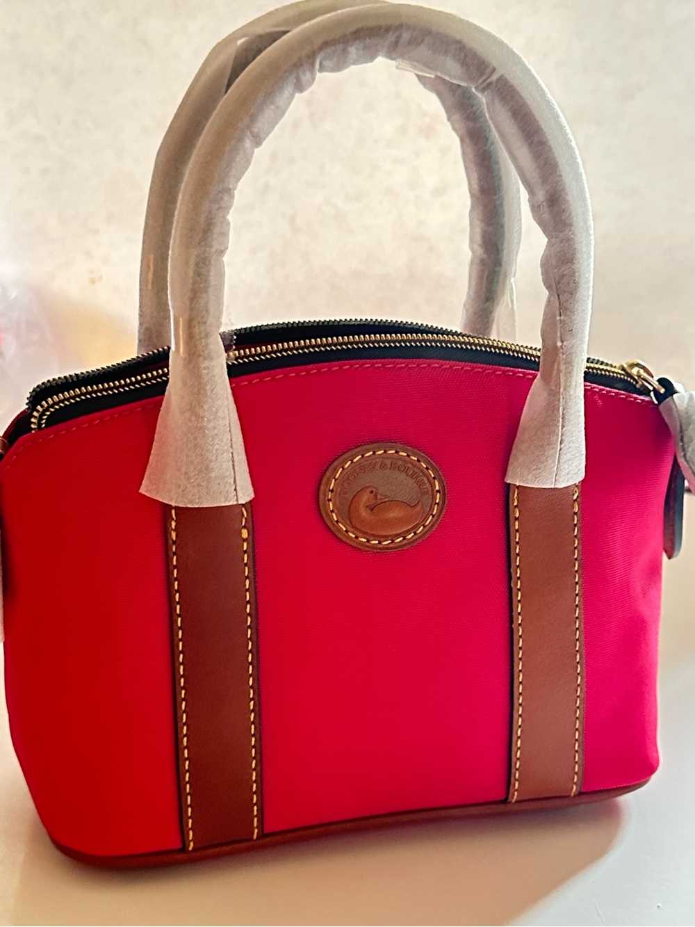 Dooney & Bourke Bright Pink Nylon Satchel with Brown Leather Trim
